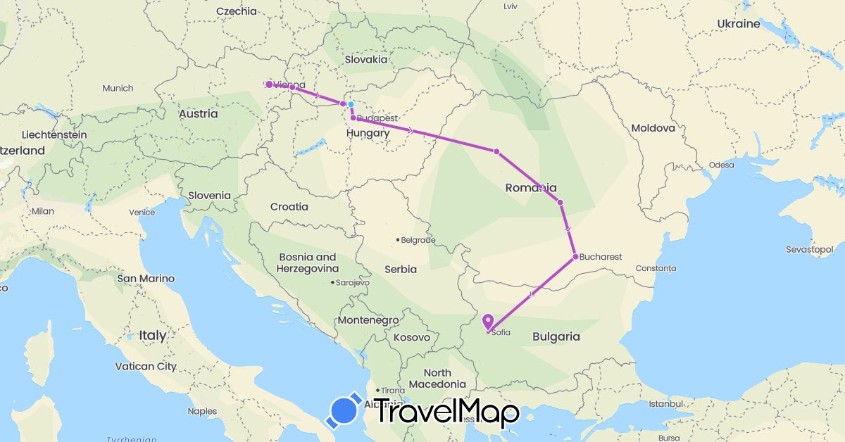 TravelMap itinerary: driving, train, boat in Austria, Bulgaria, Hungary, Romania, Slovakia (Europe)